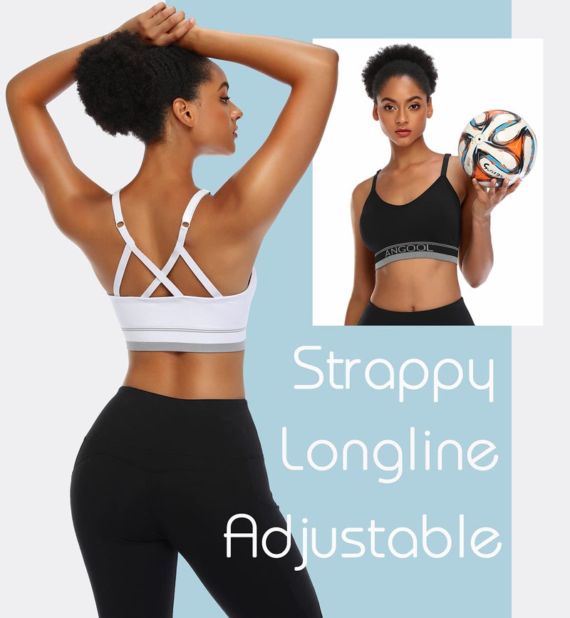 ANGOOL Strappy Sports Bra for Women, Longline Medium Support Yoga Bra Wirefree Padded Sports Bra with Adjustable Straps White 3 Pack - Image 3